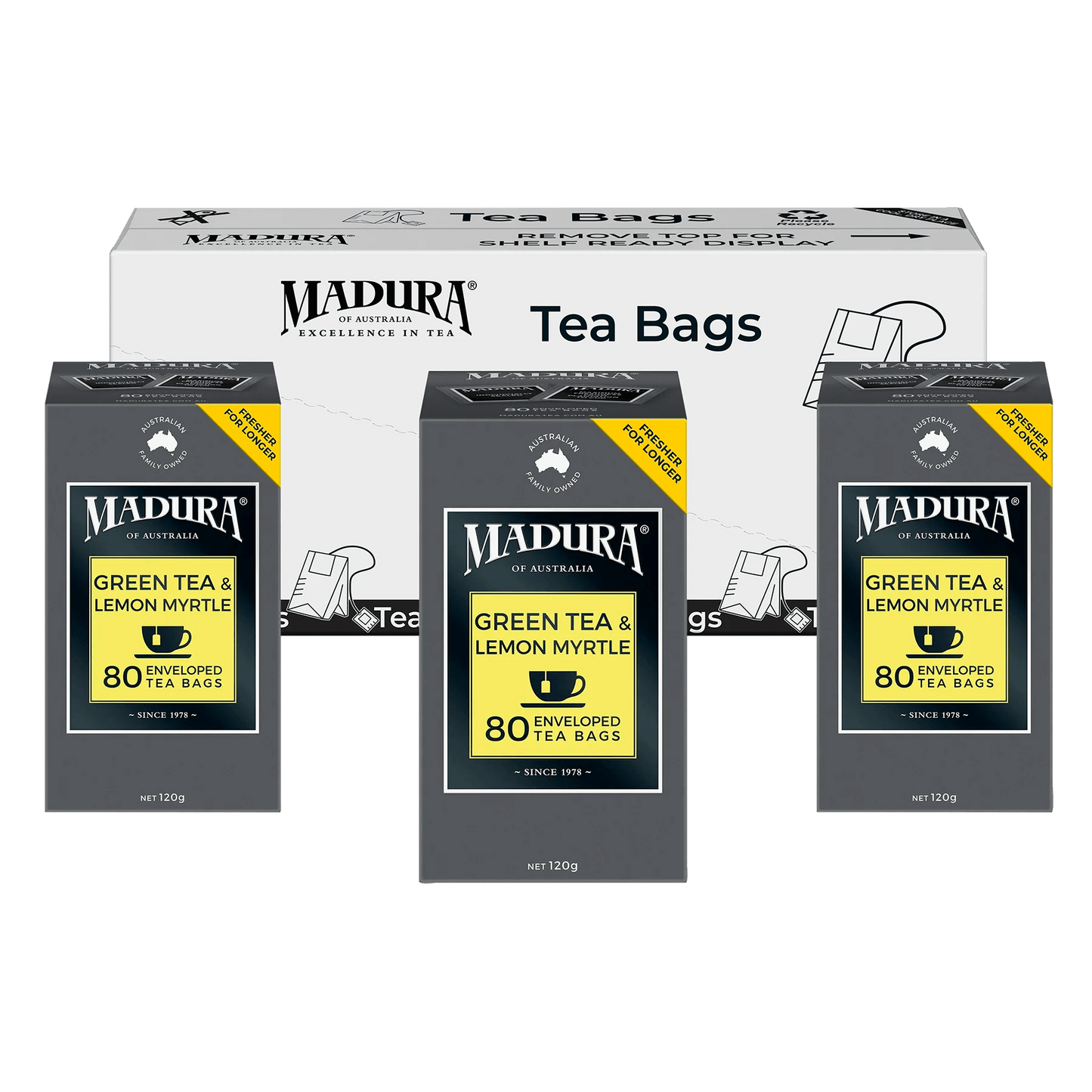 Green Tea & Australian Lemon Myrtle 80 Enveloped Tea Bags - Madura Tea
