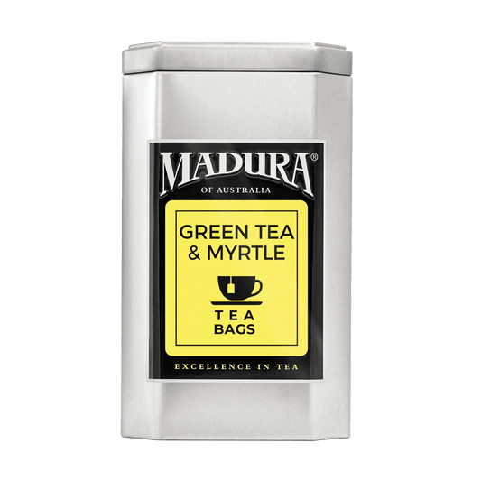 Empty Caddy with Green Tea & Australian Lemon Myrtle Tea Bags Label - Madura Tea