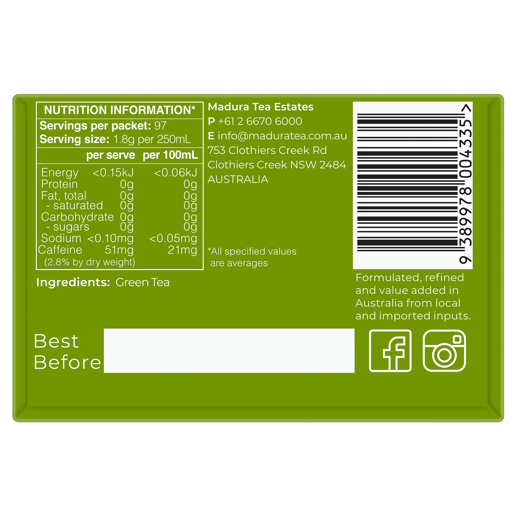 Green Tea 175g Leaf Tea - Madura Tea