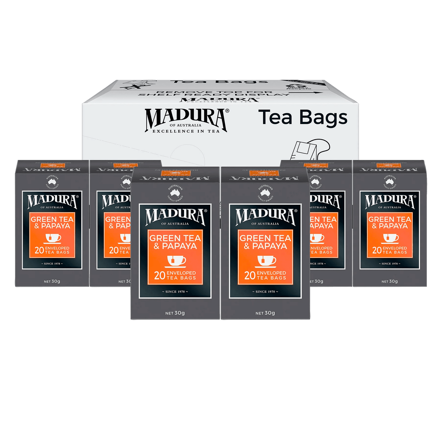 Green Tea & Papaya 20 Enveloped Tea Bags - Madura Tea
