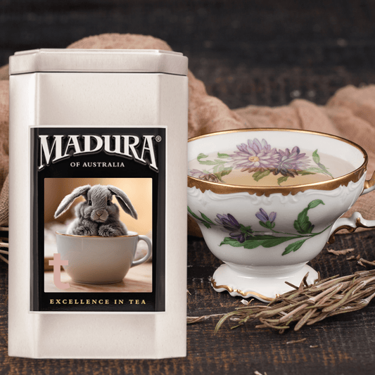 44 Tea Bags Caddy with Easter Grey Bunny Cup Label - Madura Tea