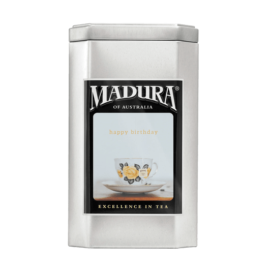 Empty Caddy with Birthday Cup Label - Madura Tea