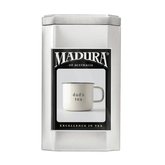 Empty Caddy with Dad's Tea Enamel Mug Label - Madura Tea