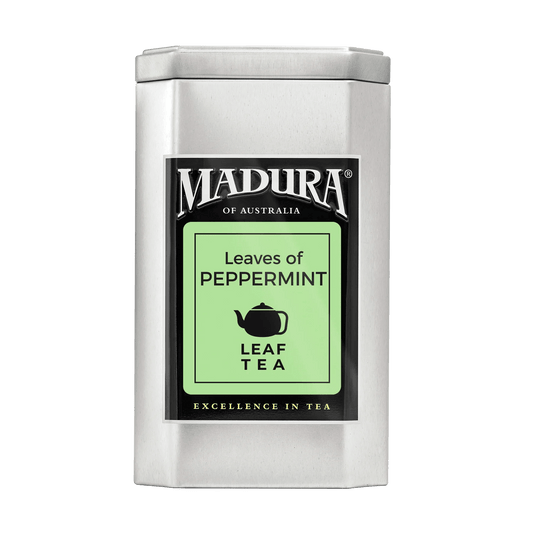 Empty Caddy with Leaves of Peppermint Leaf Tea Label - Madura Tea