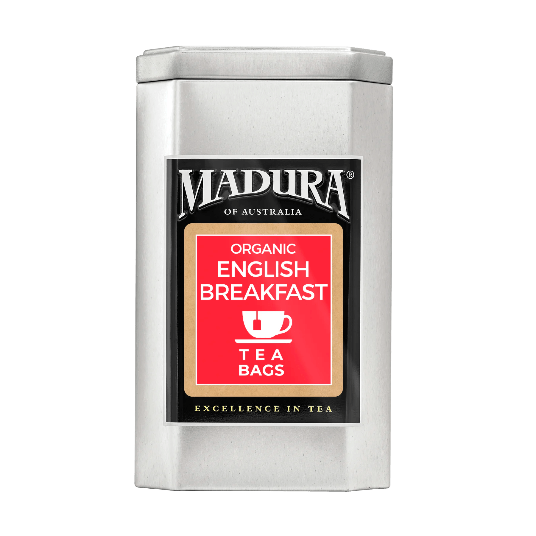 Empty Caddy with Organic English Breakfast Tea Bags Label - Madura Tea
