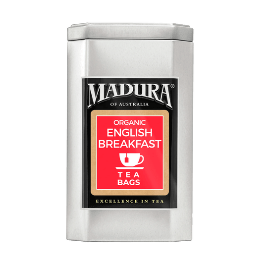 Empty Caddy with Organic English Breakfast Tea Bags Label - Madura Tea