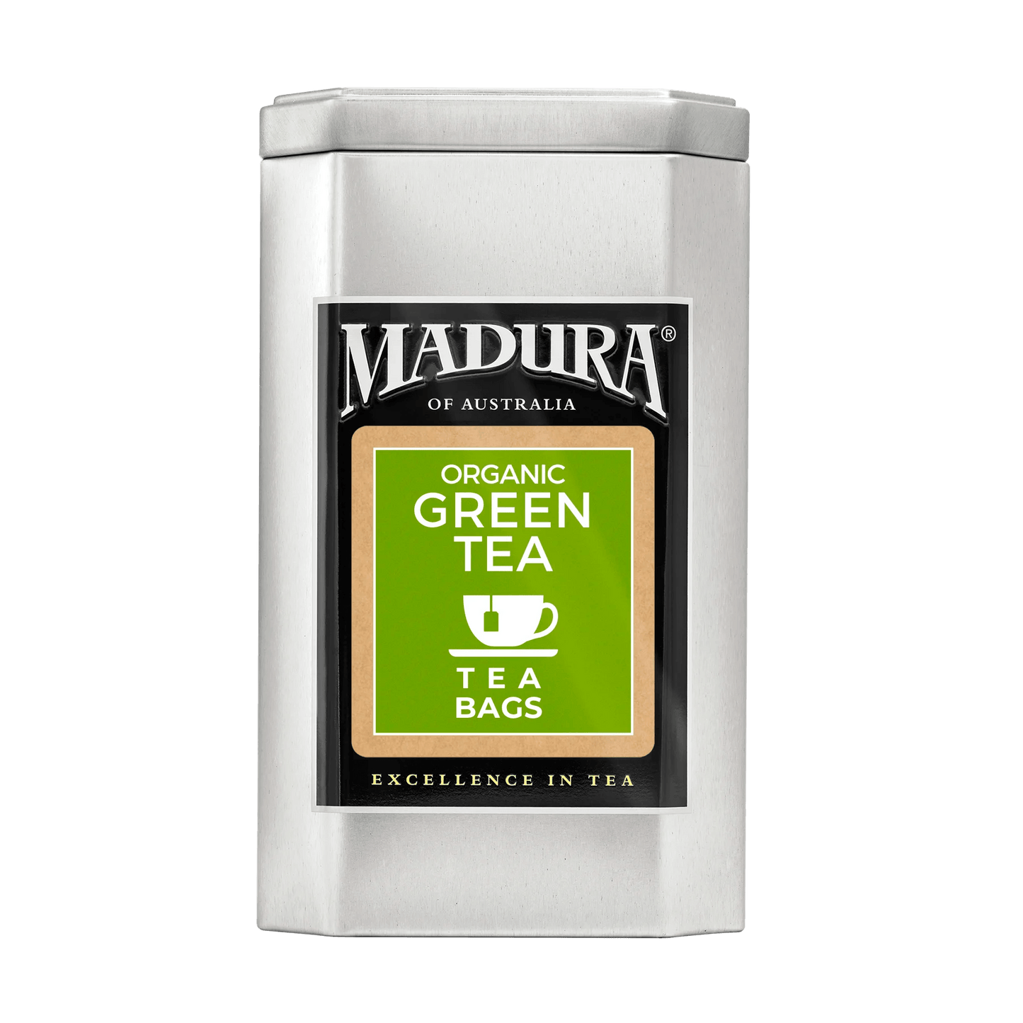 Empty Caddy with Organic Green Tea Bags Label - Madura Tea