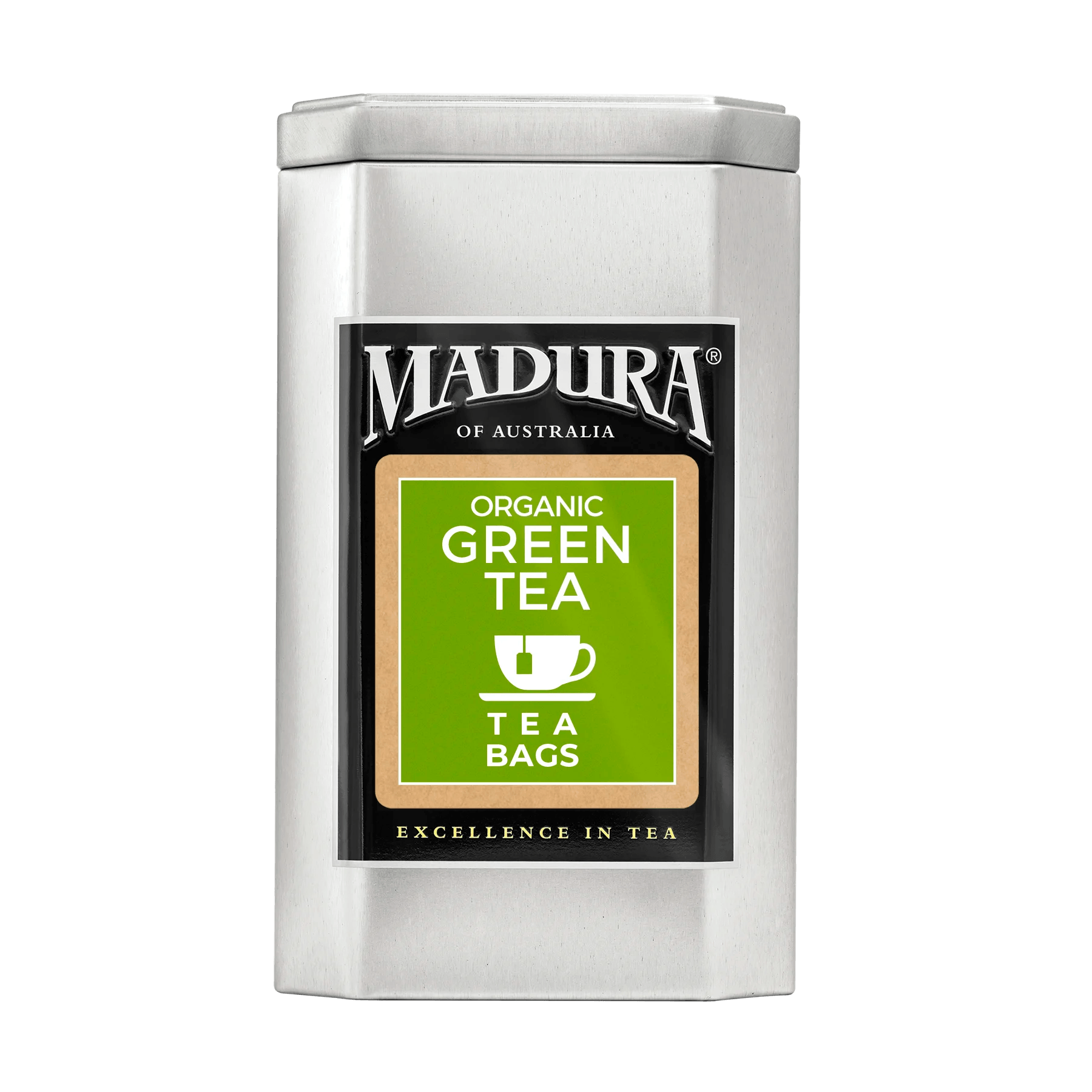 Empty Caddy with Organic Green Tea Bags Label - Madura Tea