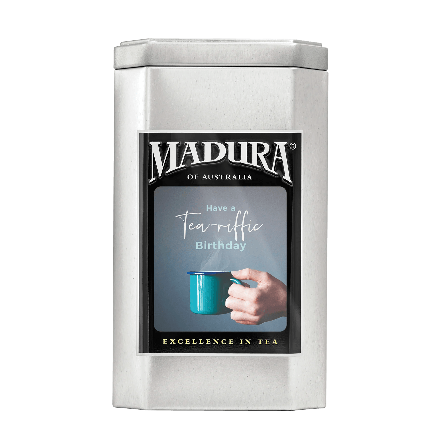 Empty Caddy with Tea-riffic Birthday Label - Madura Tea