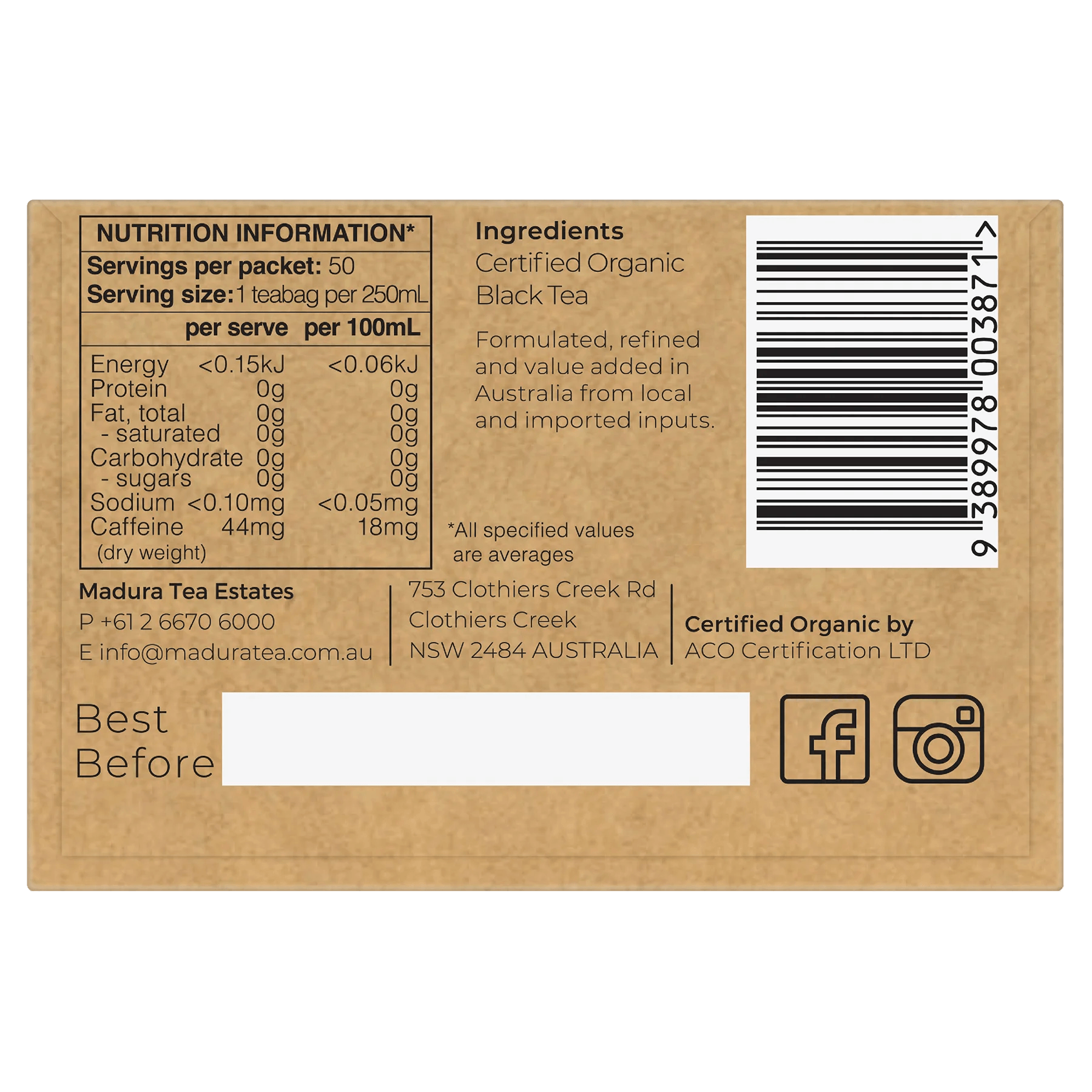 Organic English Breakfast 50 Tea Bags - Madura Tea